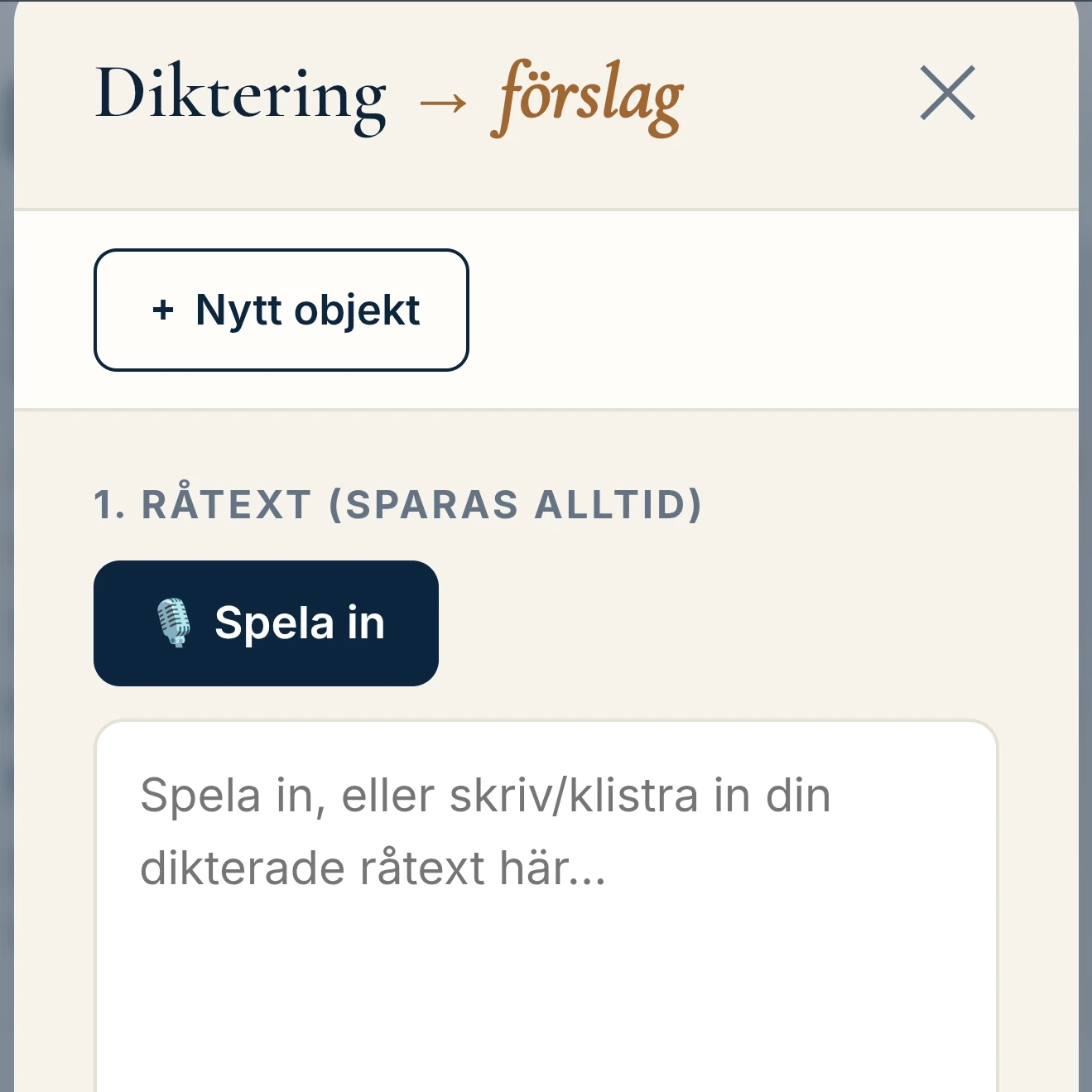 Dikteringsvyn i mobilen